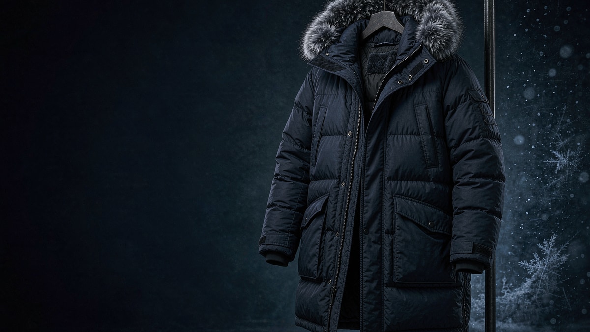 Studio photograph of a long navy expedition parka with a large fur-trimmed hood, storm flap and baffled shell