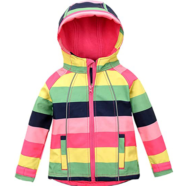 Girls Fleece Lined Outerwear Hooded Striped Windproof Softshell Jacket-4