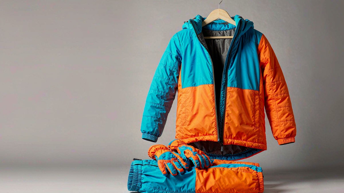 Studio photograph of a child's blue and orange ski jacket on a wooden hanger with folded ski pants and gloves
