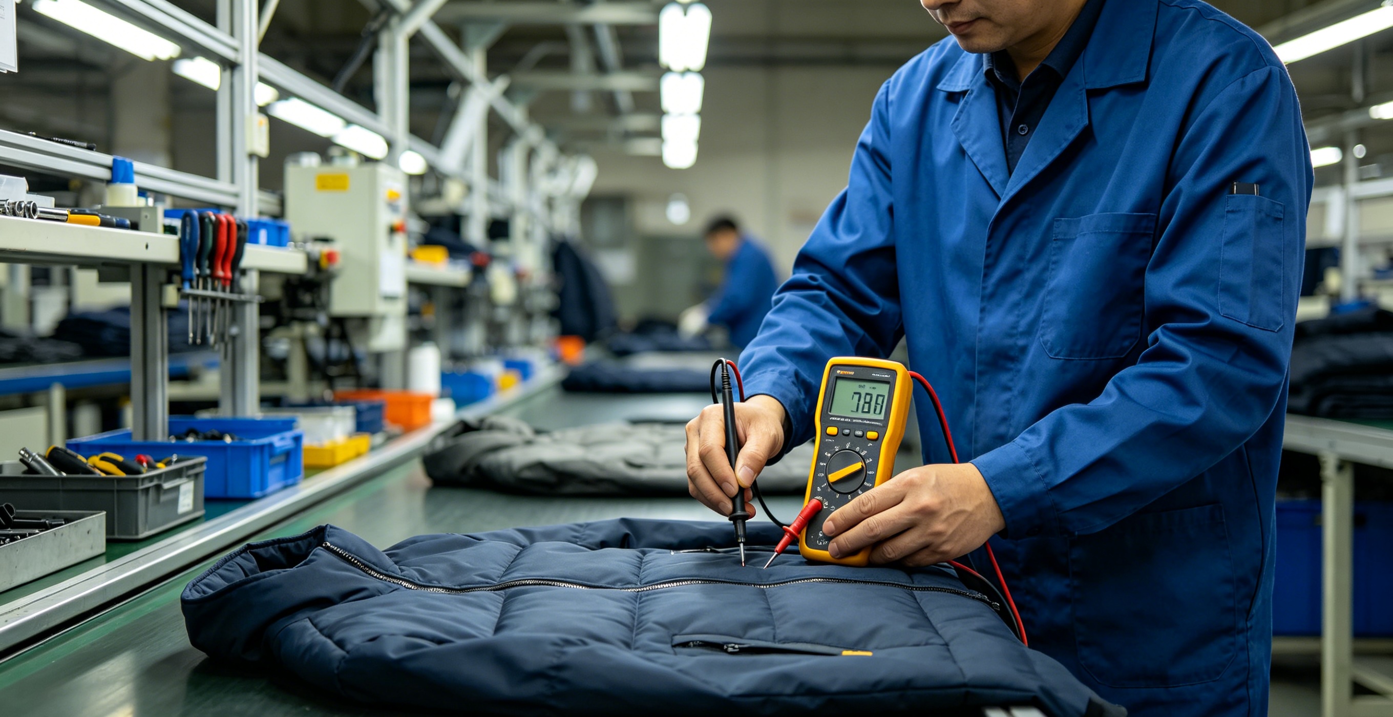 Technicien de contrôle qualité testant la sécurité électrique des vestes chauffantes sur la ligne de production