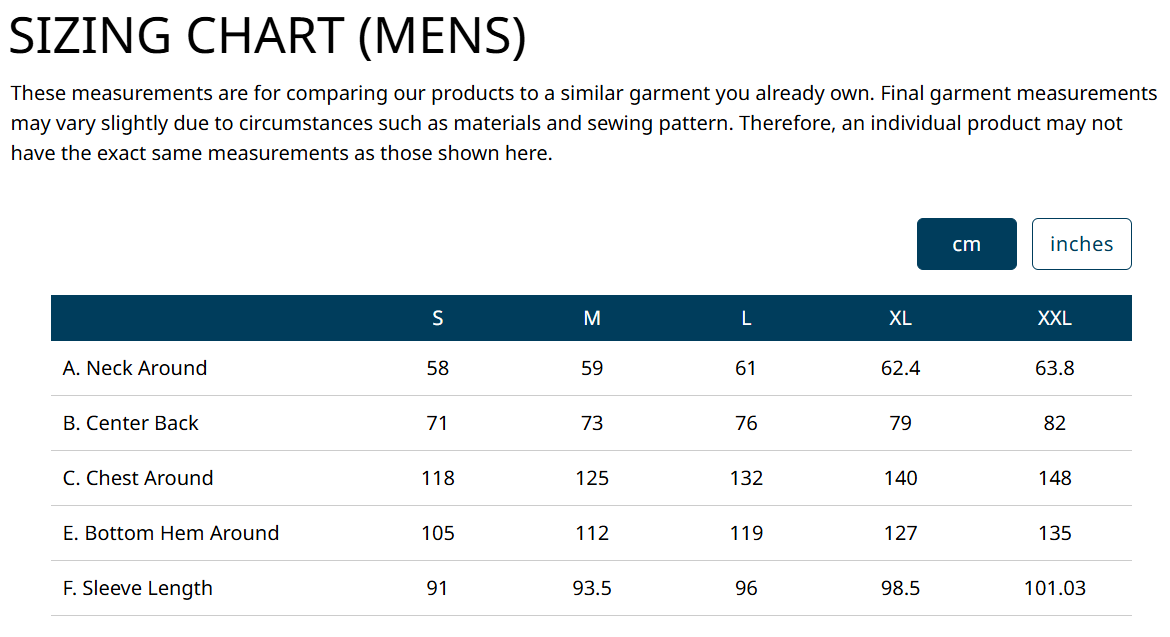 SIZING CHART(MENS)