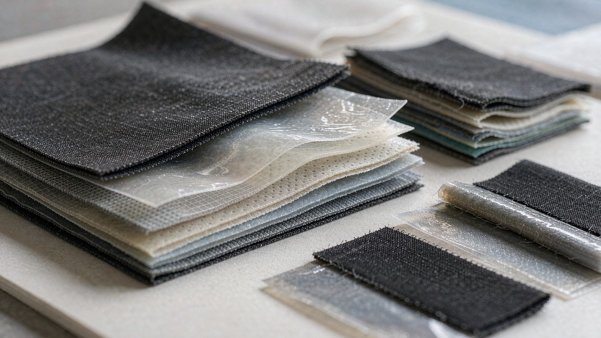 Close-up of waterproof breathable laminate swatches and taped seam samples on a light studio surface